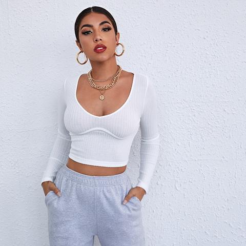 V Neck Solid Fitted Crop Tee