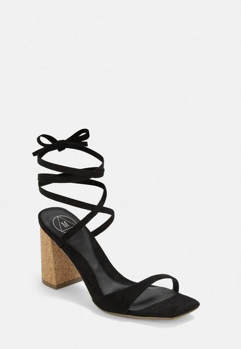 Black Cork Heel Asymmetric Lace Up Sandals, Black