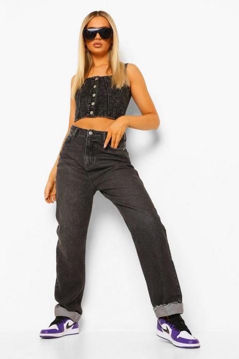 Womens Raw Turn Up Hem Mom Jean - Black - 6, Black