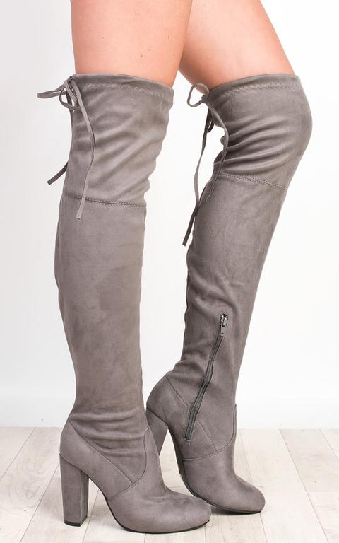 Annie Faux Suede Knee High Boots In Grey