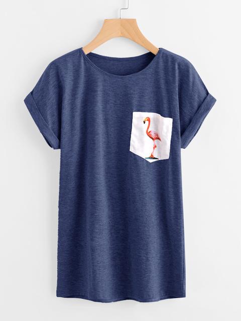 Contrast Flamingo Print Pocket Marled T-shirt