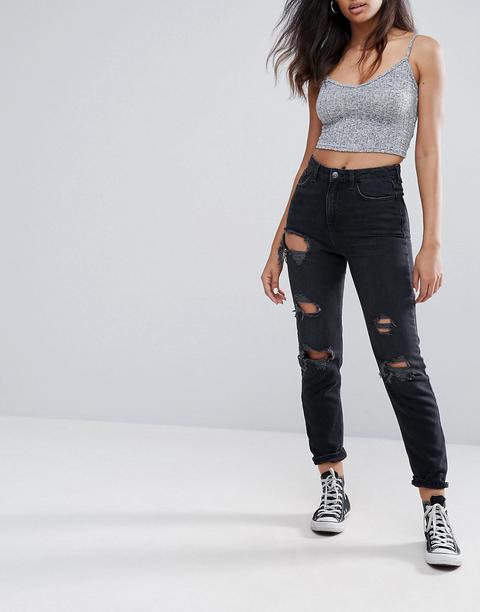 New Look - Mom Jeans Lavati Con Strappi - Nero