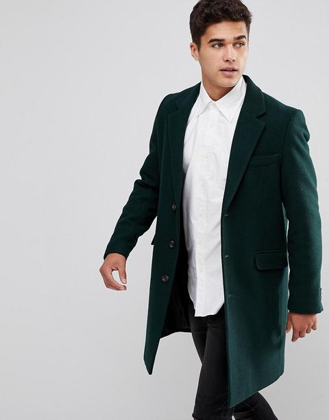 Asos Design Wool Mix Overcoat In Bottle Green - Bottle Green