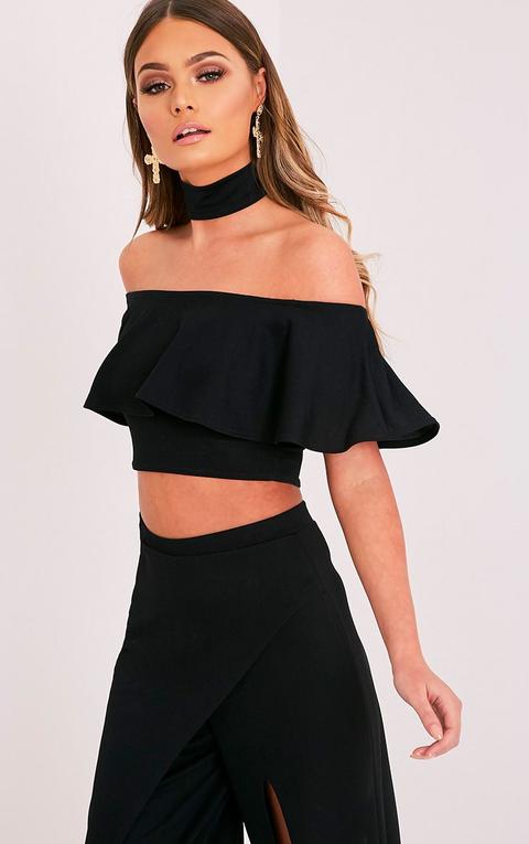 black frill bardot top