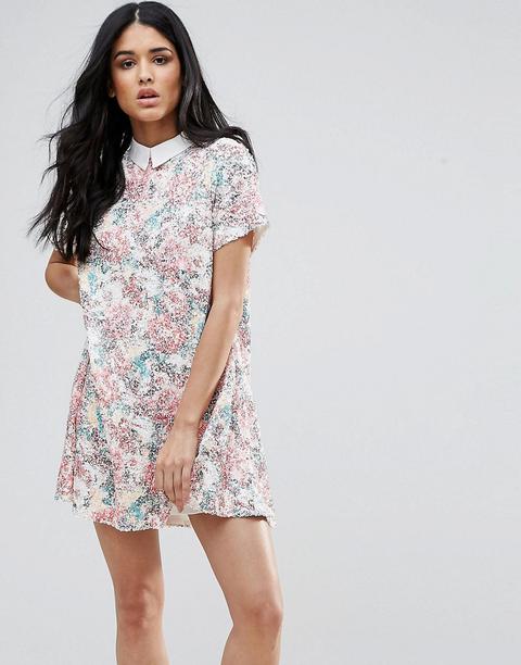 Vestido Recto De Manga Corta Con Detalle De Cuello Y Estampado Floral De Endless Rose