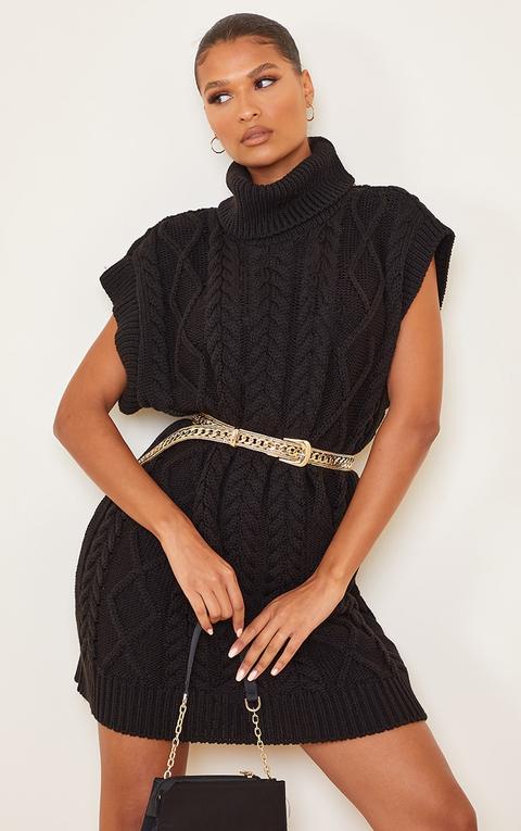 Black Chunky Cable Sleeveless Roll Neck Dress