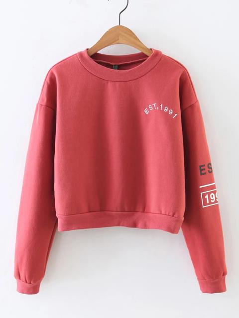 Letter Embroidery Drop Shoulder Crop Sweatshirt