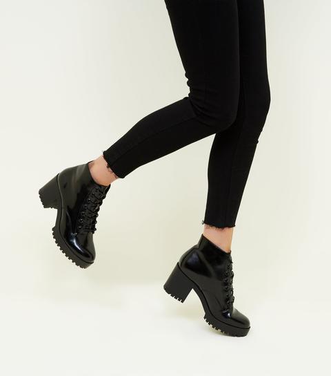 Black Patent Lace Up Chunky Ankle Boots New Look