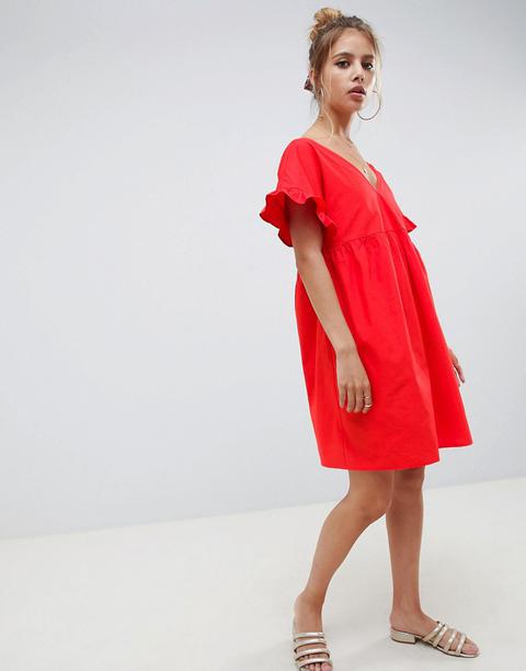 Asos Design - Minihängerkleid Aus Baumwolle Mit V-ausschnitt Vorn Und Hinten - Rot