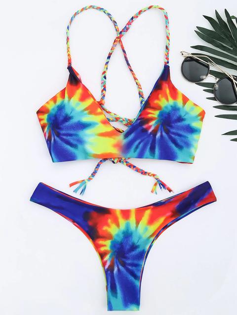 Bikini Di Tie-dye Con Lacci Intrecciati Incrociati Blue Yellow Light Yellow