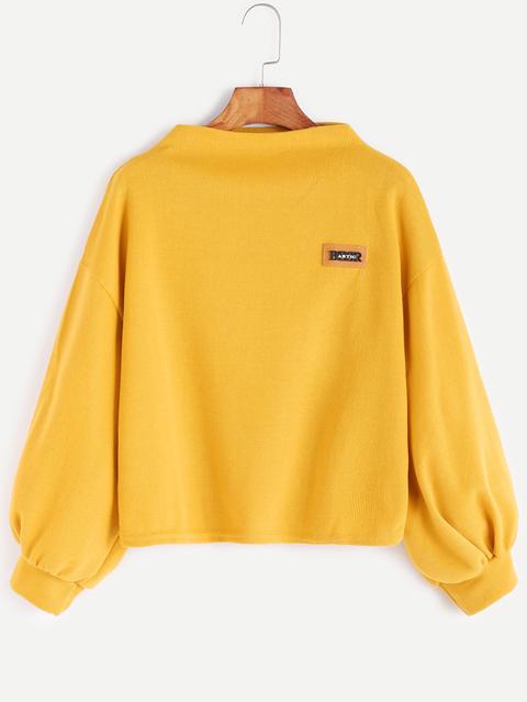 Yellow Funnel Neck Drop Shoulder Lantern Sleeve Patch Sweatshirt