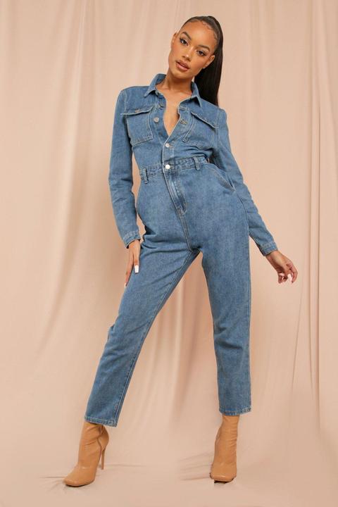 Womens Denim Puff Sleeve Jumpsuit Blue