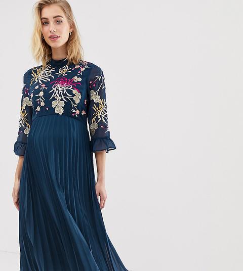 Vestido Midi Plisado Con Bordados Y Mangas Acampanadas De Asos Design Maternity