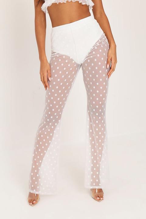 White Mesh Polka Dot Wide Leg Trousers