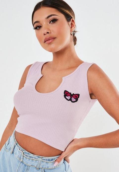 Pink Rib Notch Neck Butterfly Crop Top, Pink