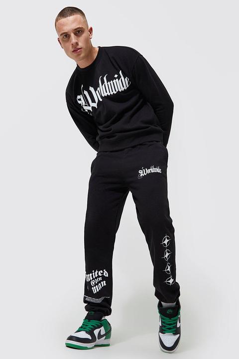 Mens Black Oversized Worldwide Sweatshirt Tracksuit, Black