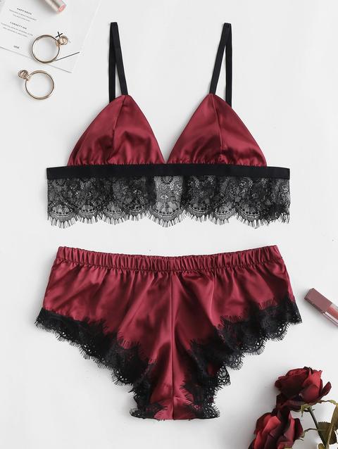 Set Reggiseno E Slip In Raso Con Rifiniture In Pizzo Greenish Blue Red Wine