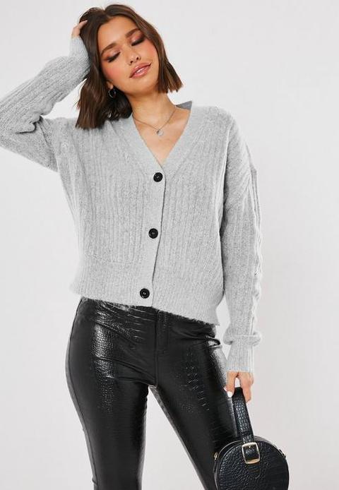 Grey Rib Button Knit Cardigan, Grey