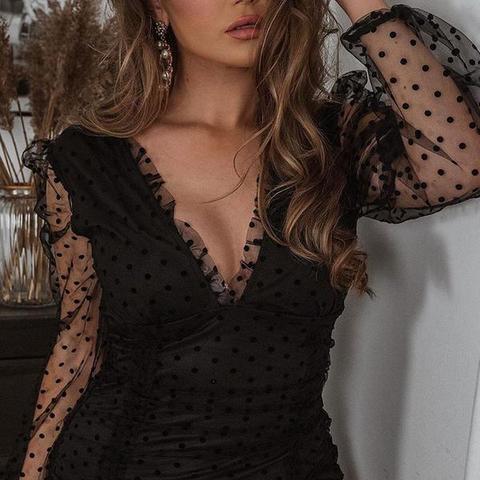 Black Polka Dot Sheer Puff Sleeve V 