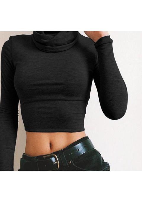 Black Plain Crop High Neck Long Sleeve Fashion T-shirt