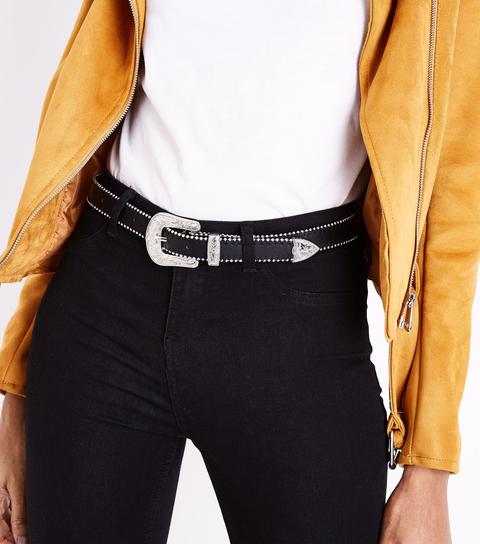 Black Chain Edge Western Belt New Look