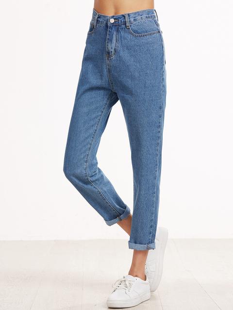 Blue Cuffed Straight Leg Jeans