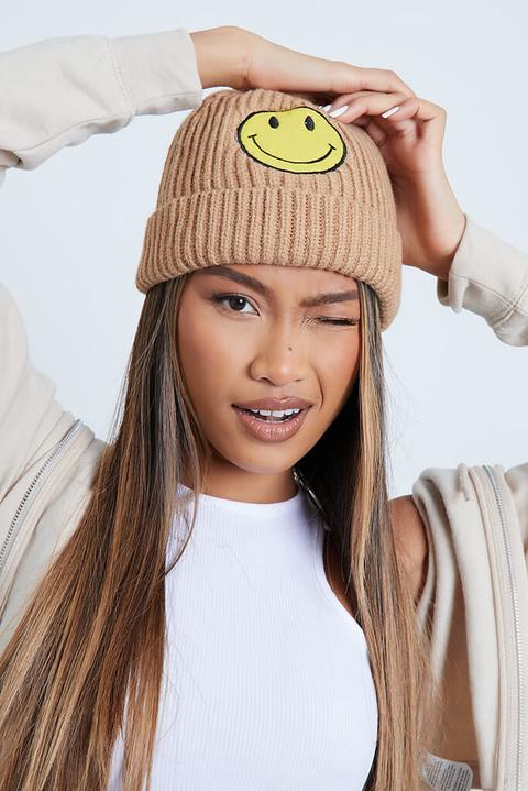 Stone Smiley Badge Beanie Hat , Beige