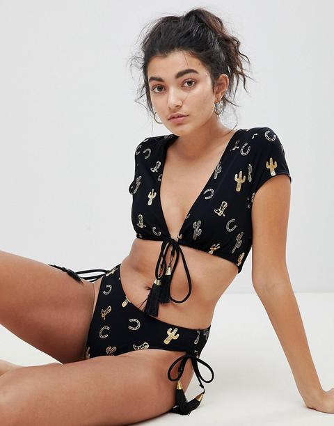 Asos Design - Crop-bikinioberteil Mit Goldfoliendruck Im Western-stil Und Quasten - Schwarz