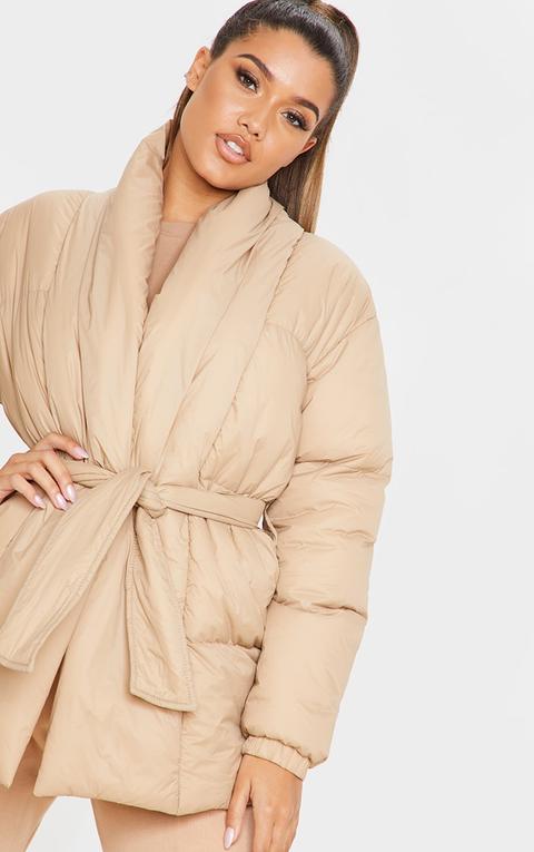 Stone Collar Tie Waist Puffer Coat