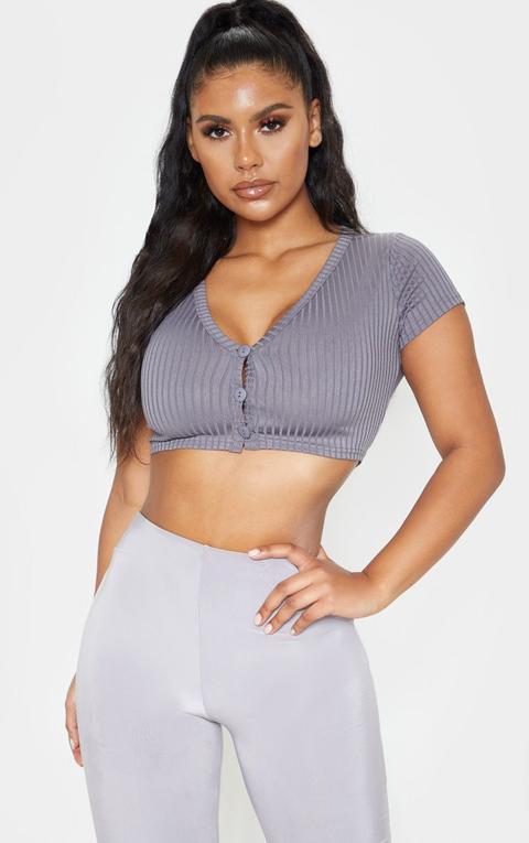 Grey Rib Button Short Sleeve Crop Top