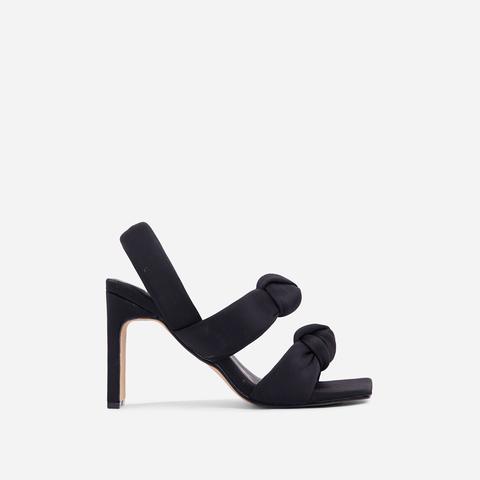 Infatuated Padded Knotted Detail Square Peep Toe Thin Block Heel Mule In Black Lycra, Black