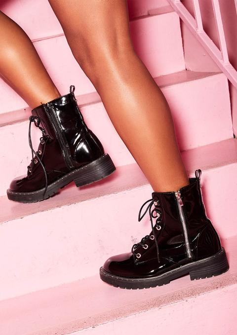 Marissa Black Patent Lace Up Chunky Boots