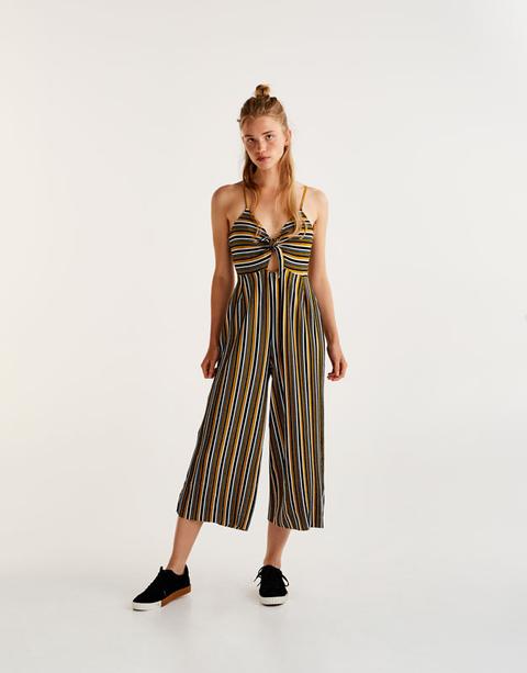 Senffarbener Culotte-overall Mit Streifen