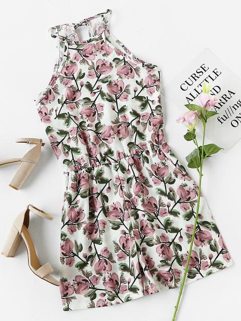 Floral Print Random Self Tie Open Back Romper