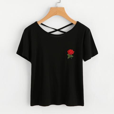 Rosa Ricamata Patch Criss Cross Back Tee