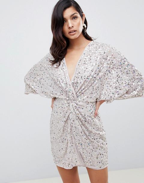 Asos Design - Vestitino Stile Kimono Con Nodo Sul Davanti E Paillettes Sparse - Oro