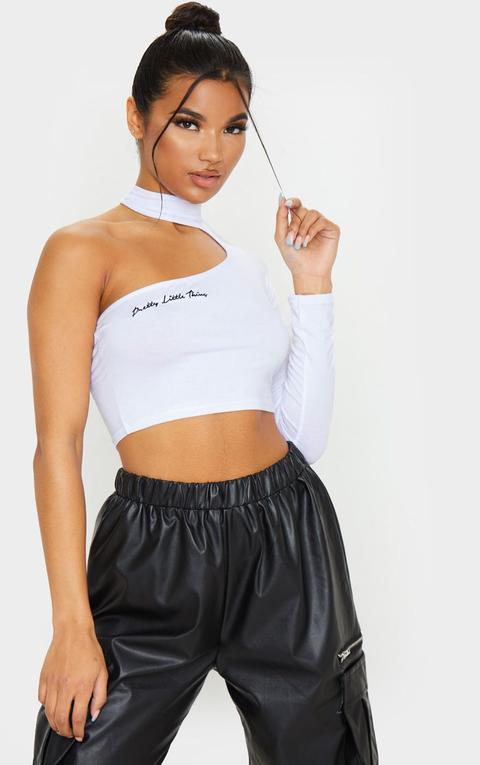 Prettylittlething White Embroidered Cut Out Long Sleeve Crop Top