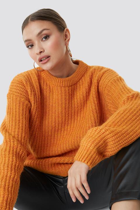 Heavy Knit Round Neck Sweater Orange