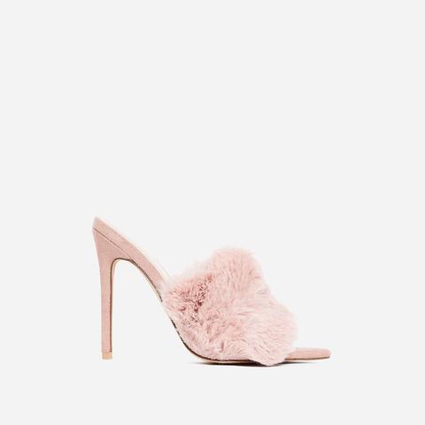 pink faux fur heels