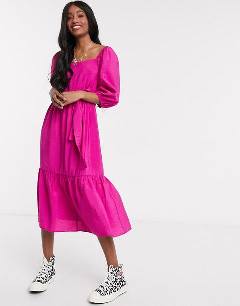 New Look Square Neck Puff Sleeve Tiered Midi In Bright Pink