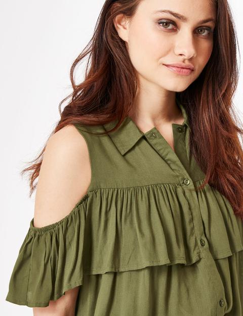 Khaki Cold Shoulder Shirt