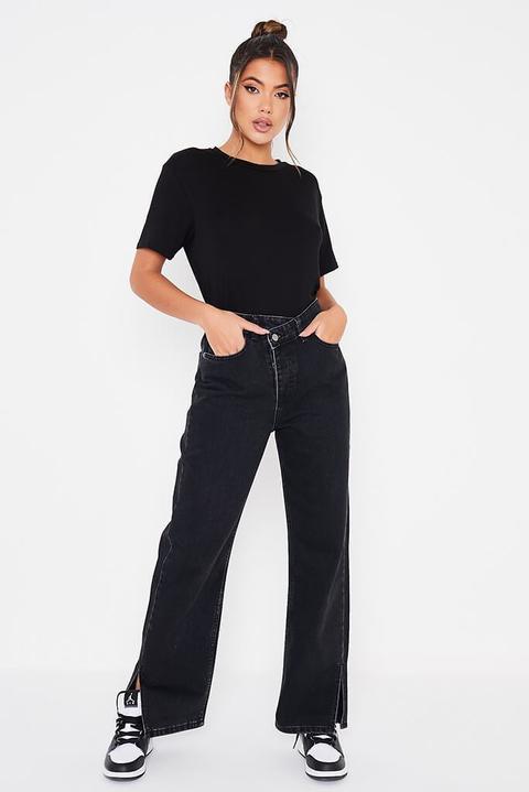 Black Cross Over Waist Split Hem Jeans