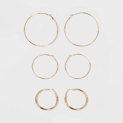 Wire And Tubular Hoop Earring Set 3ct - Wild Fable Gold