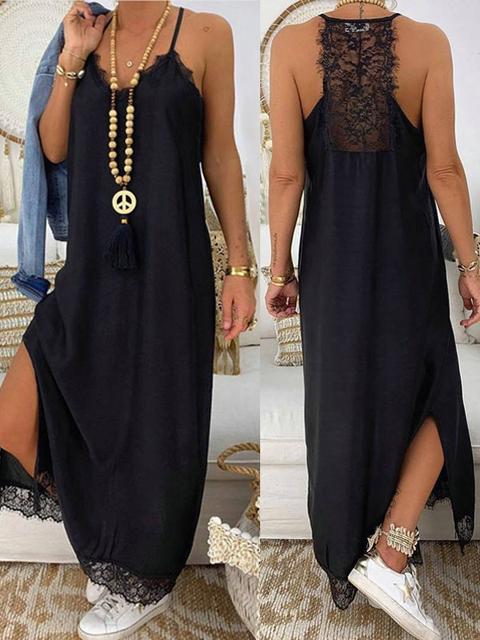 Abito Maxi Senza Maniche A Fessura Con Scollo A V E Patchwork In Pizzo Nero Con Patchwork