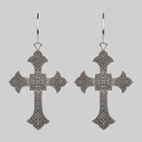 Ophelia. Gothic Cross Hoop Earrings - Silver