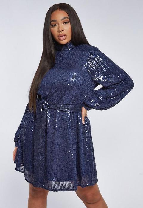 Plus Size Navy Sequin High Neck Balloon Sleeve Mini Dress, Navy