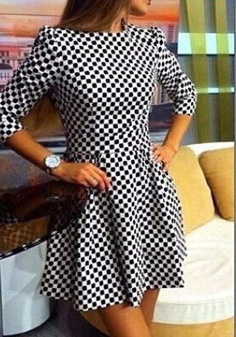 Vestitino Plaid A Pieghe Girocollo Casuale Nero