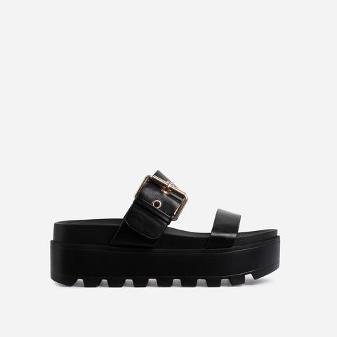 Aliki Chunky Sole Buckle Detail Sandal In Black Faux Leather, Black