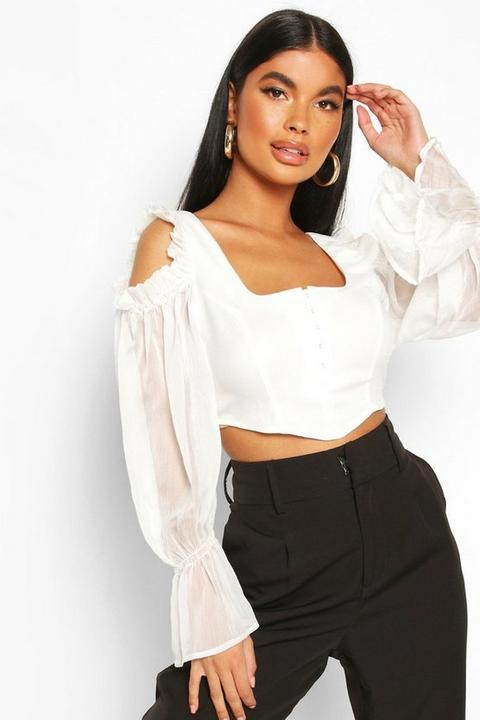 Top Con Detalle Tipo Corsé Y Mangas Voluminosas De Malla Petite, Blanco