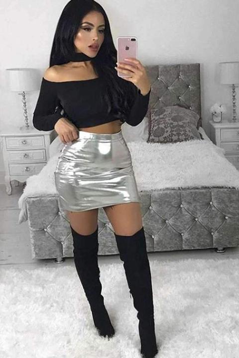 Albertia Metallic High Waist Mini Skirt